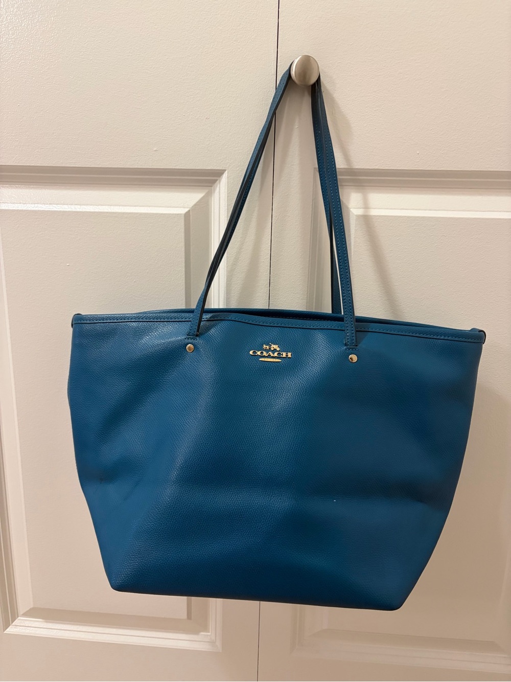 Coach Teal Blue Pebbled Leather Tote with Gold Logo